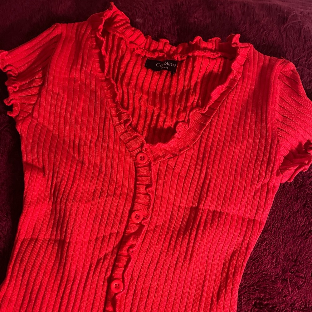 Red V-Neck Ribbed Dress - Picture 3 of 5